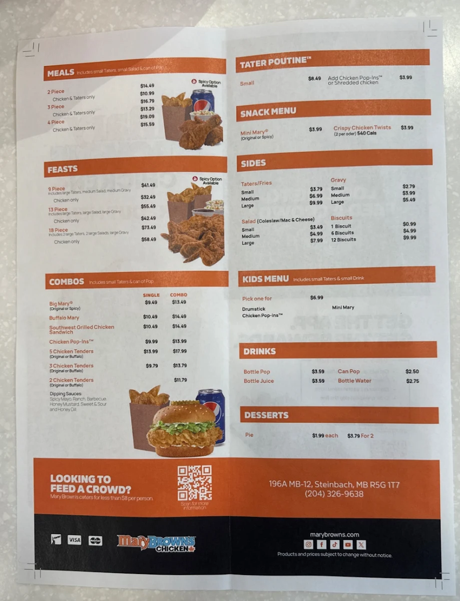 Menu, Mary Brown's Chicken