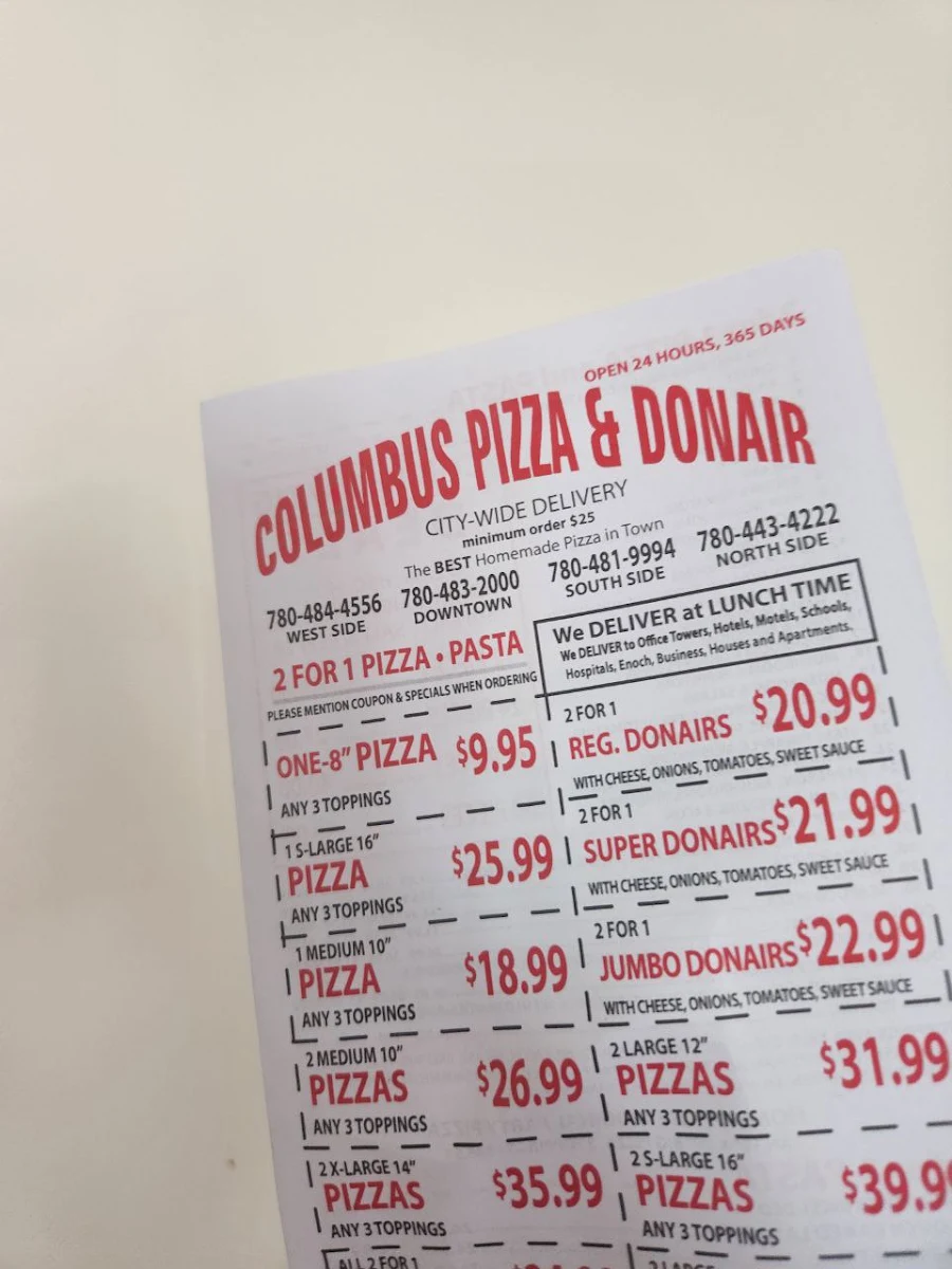 Menu, Columbus Pizza and Donair