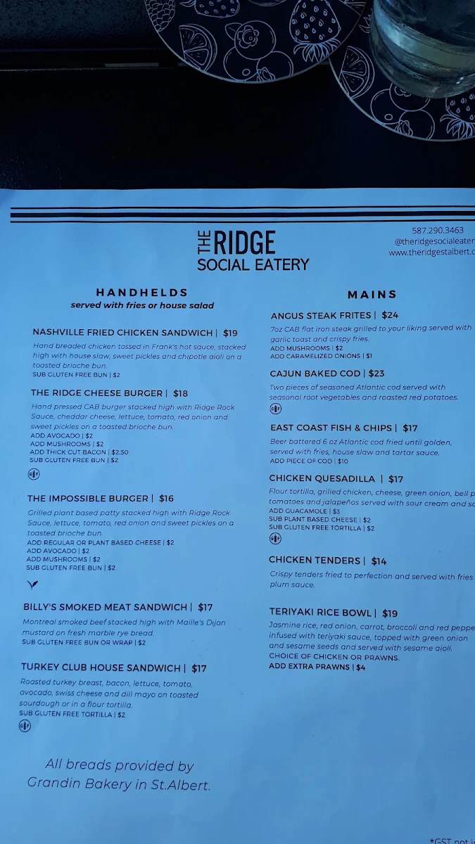 Menu, The Ridge Social Eatery