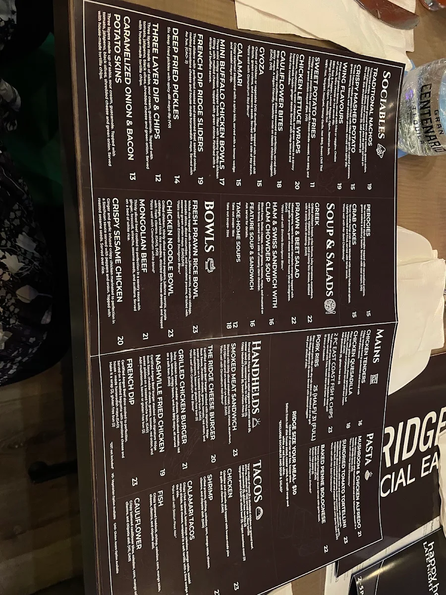 Menu, The Ridge Social Eatery