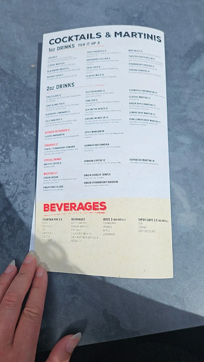 Menu, The Tipsy Fox Pub & Grill - Arthur