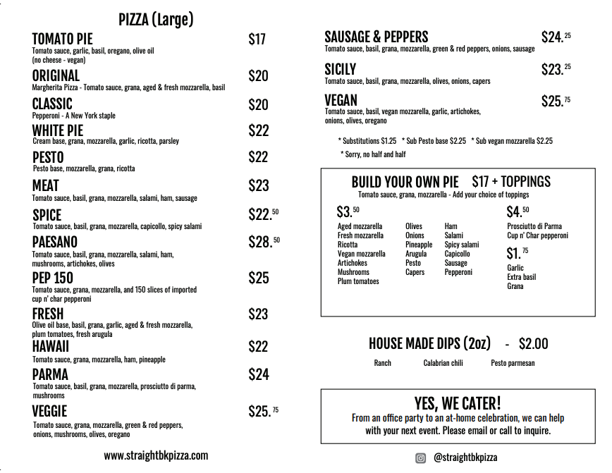 Menu, Straight Brooklyn Pizza - Chinatown