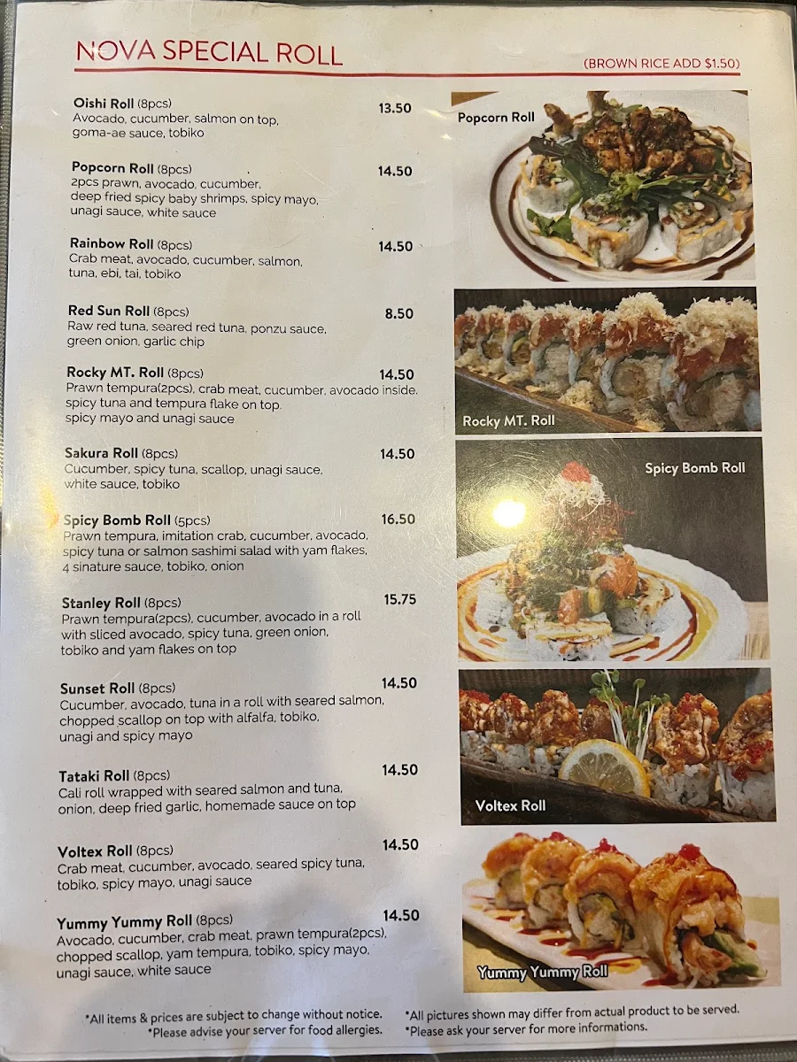 Menu, Sushi Nova Vancouver