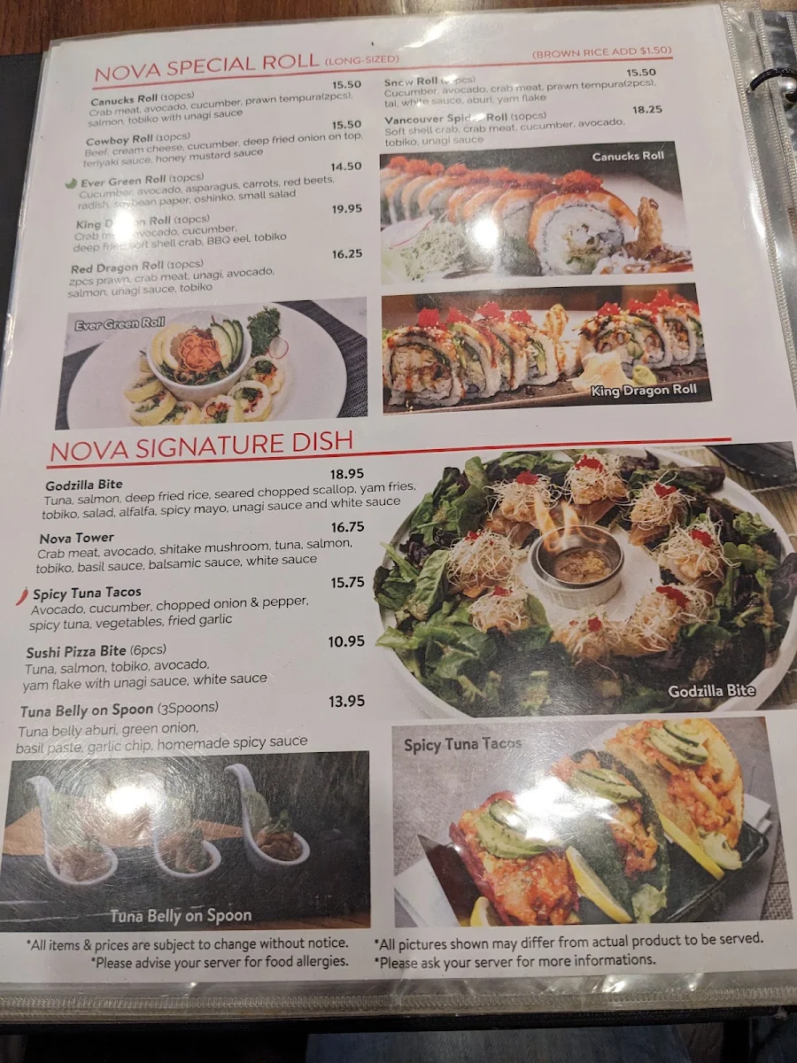 Menu, Sushi Nova Vancouver