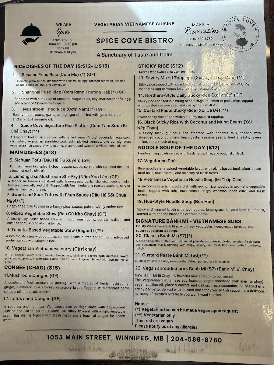 Menu, Spice Cove Bistro