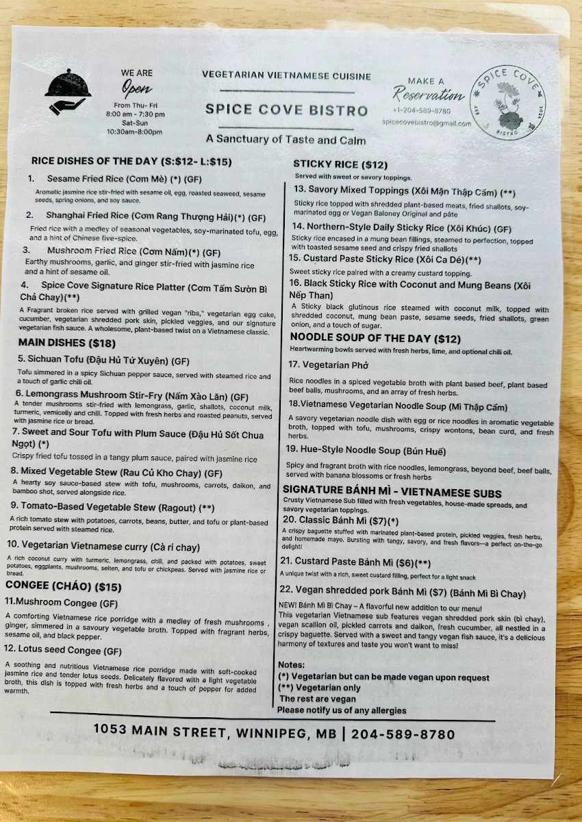 Menu, Spice Cove Bistro