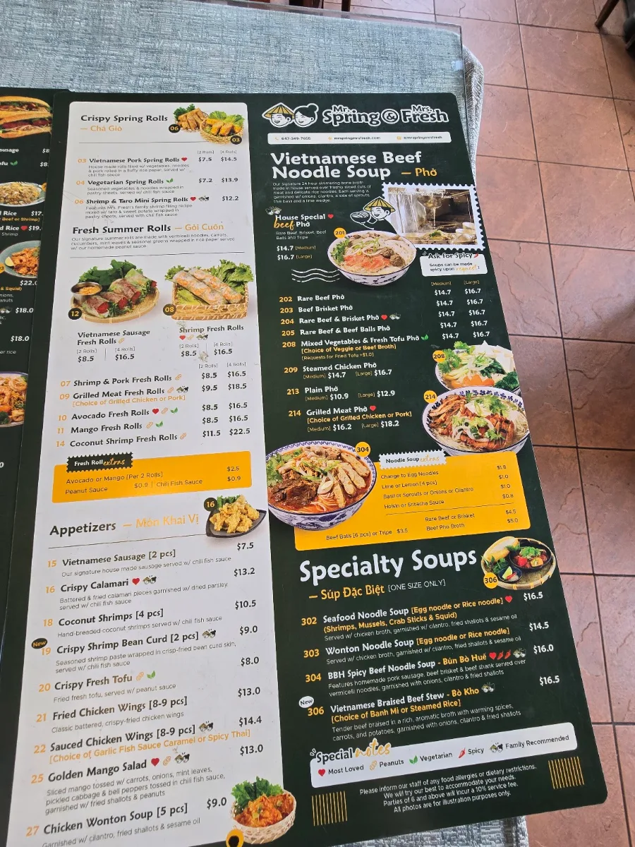Menu, Mr. Spring & Mrs. Fresh