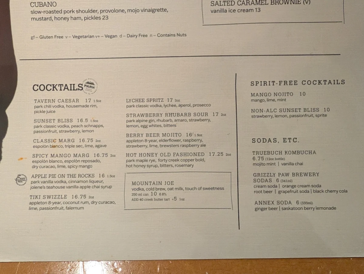 Menu, Bear Street Tavern
