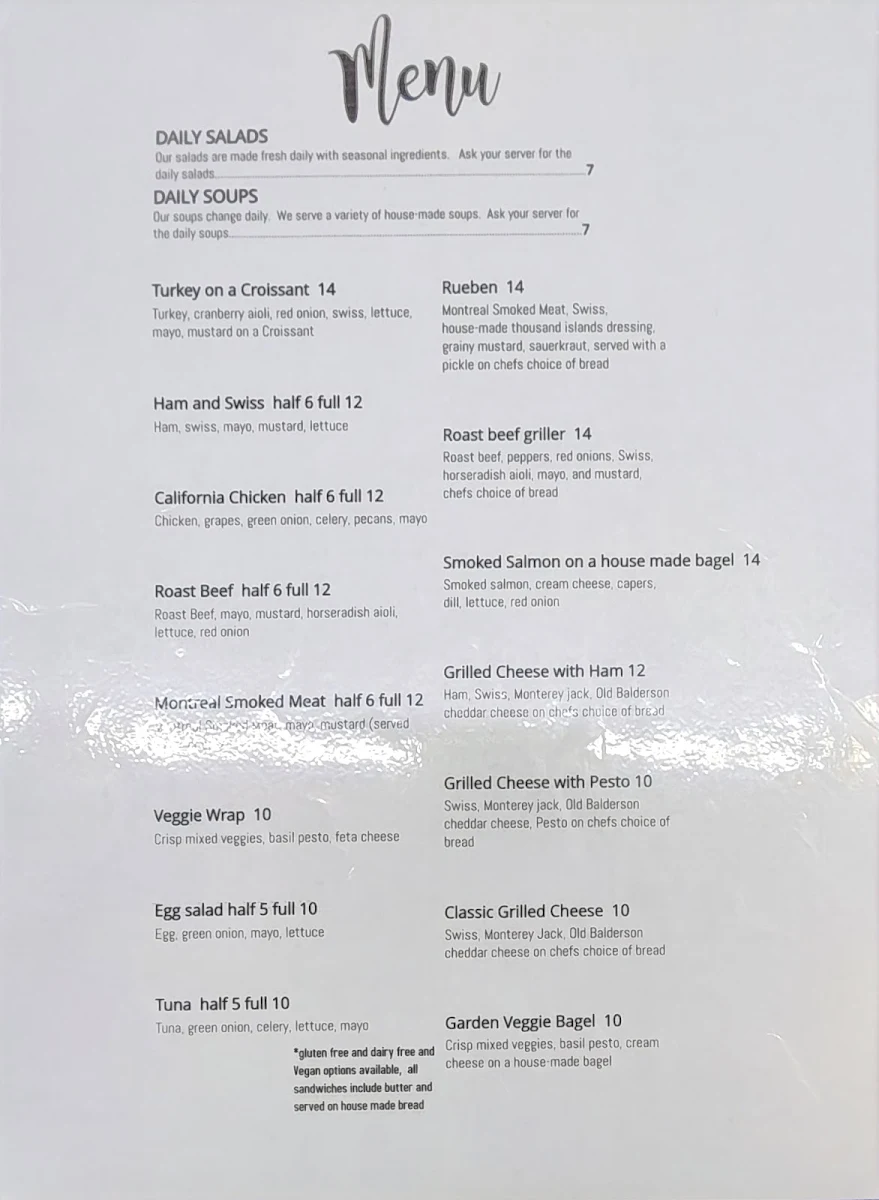 Menu, Bonnechere Bakery & Bistro and Bonnechere at Home