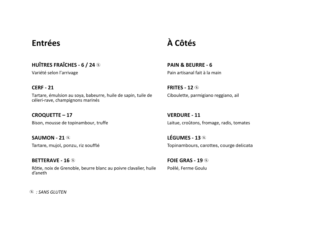 Menu, Le Buck : Pub Gastronomique