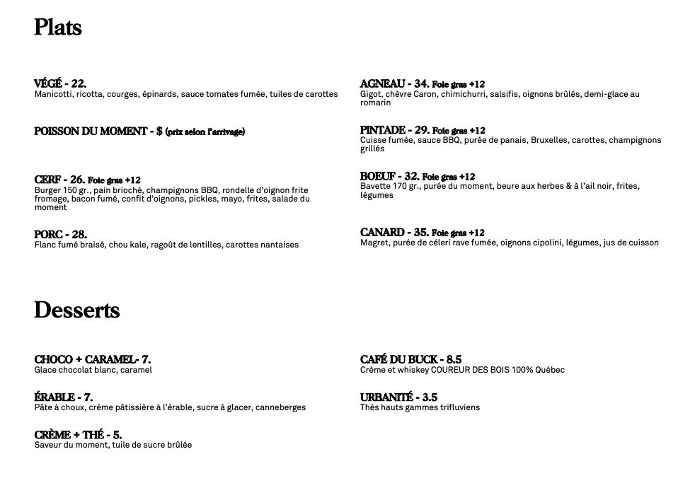 Menu, Le Buck : Pub Gastronomique