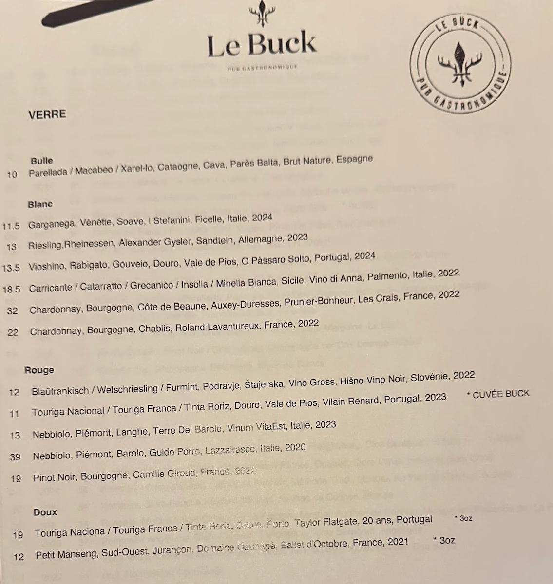 Menu, Le Buck : Pub Gastronomique