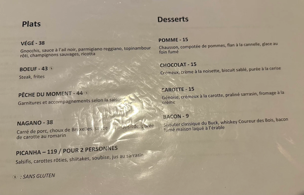 Menu, Le Buck : Pub Gastronomique
