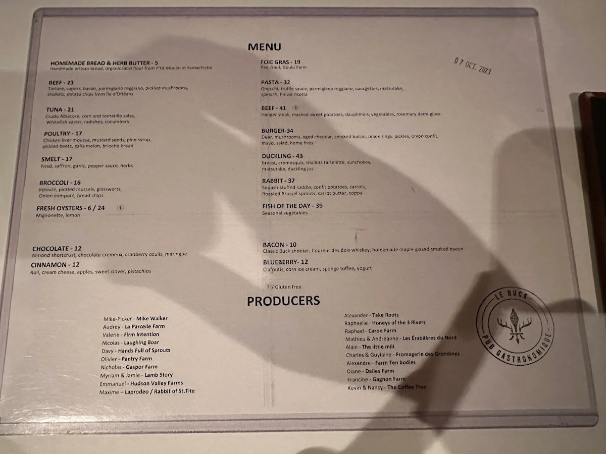 Menu, Le Buck : Pub Gastronomique
