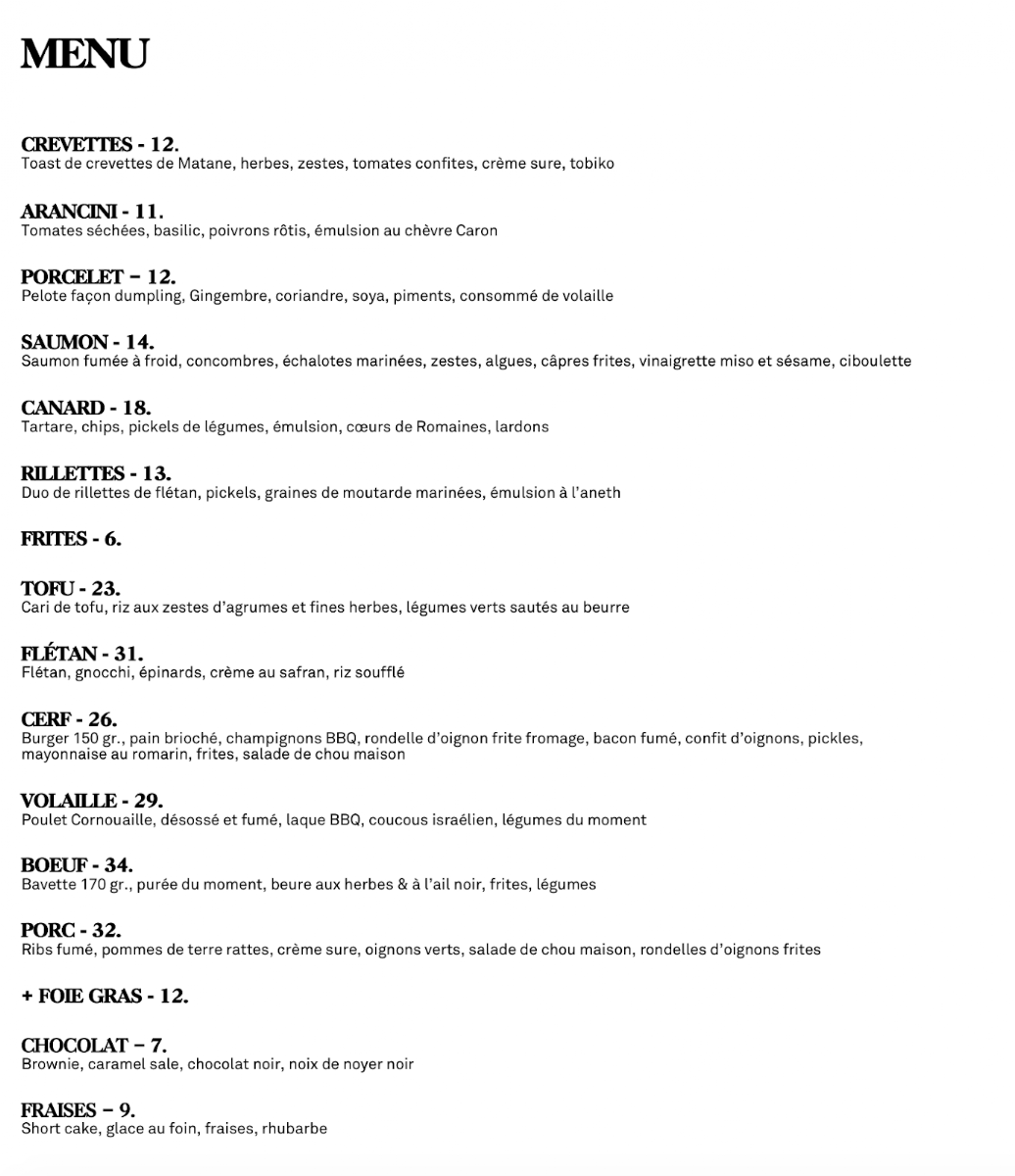 Menu, Le Buck : Pub Gastronomique