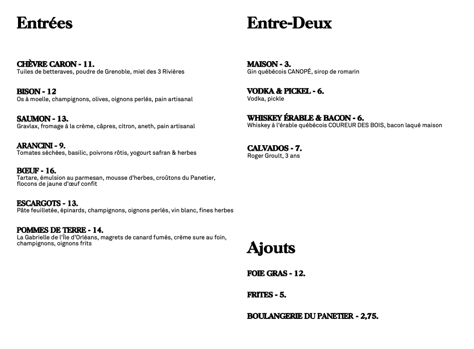 Menu, Le Buck : Pub Gastronomique