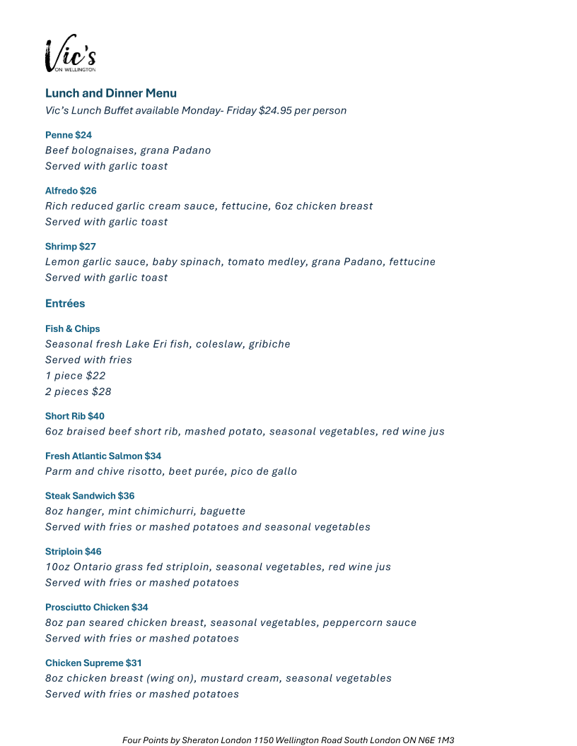 Menu, Vic's on Wellington & Bentley's Lounge