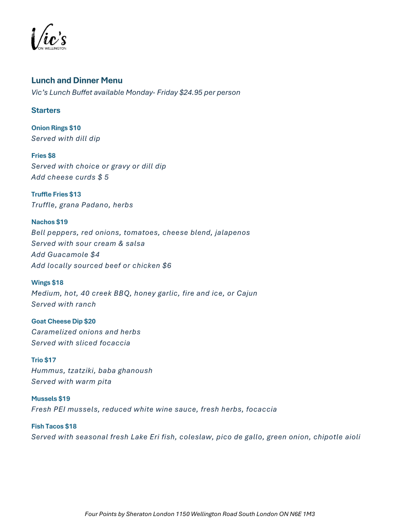 Menu, Vic's on Wellington & Bentley's Lounge