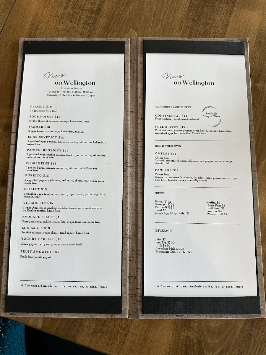 Menu, Vic's on Wellington & Bentley's Lounge