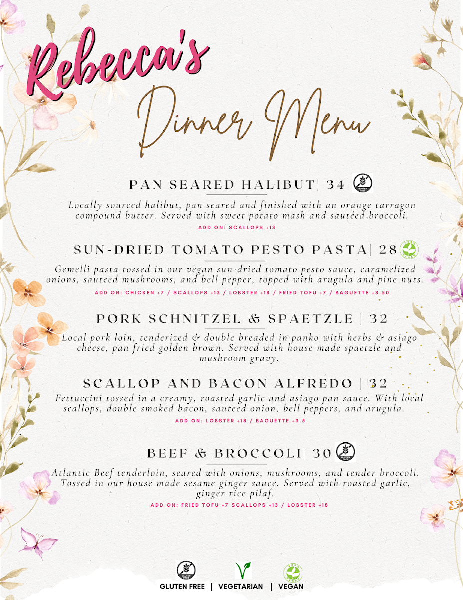 Menu, Rebecca's Restaurant