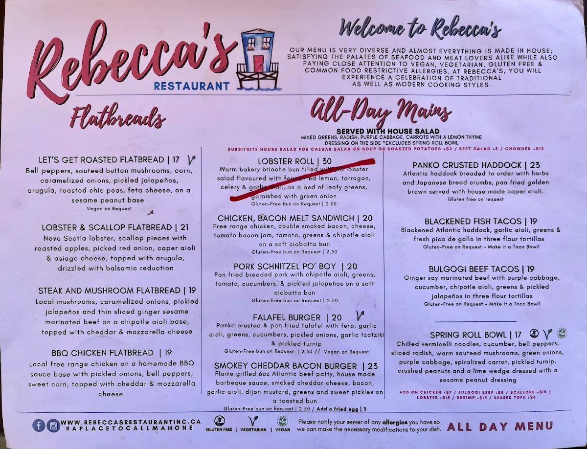 Menu, Rebecca's Restaurant