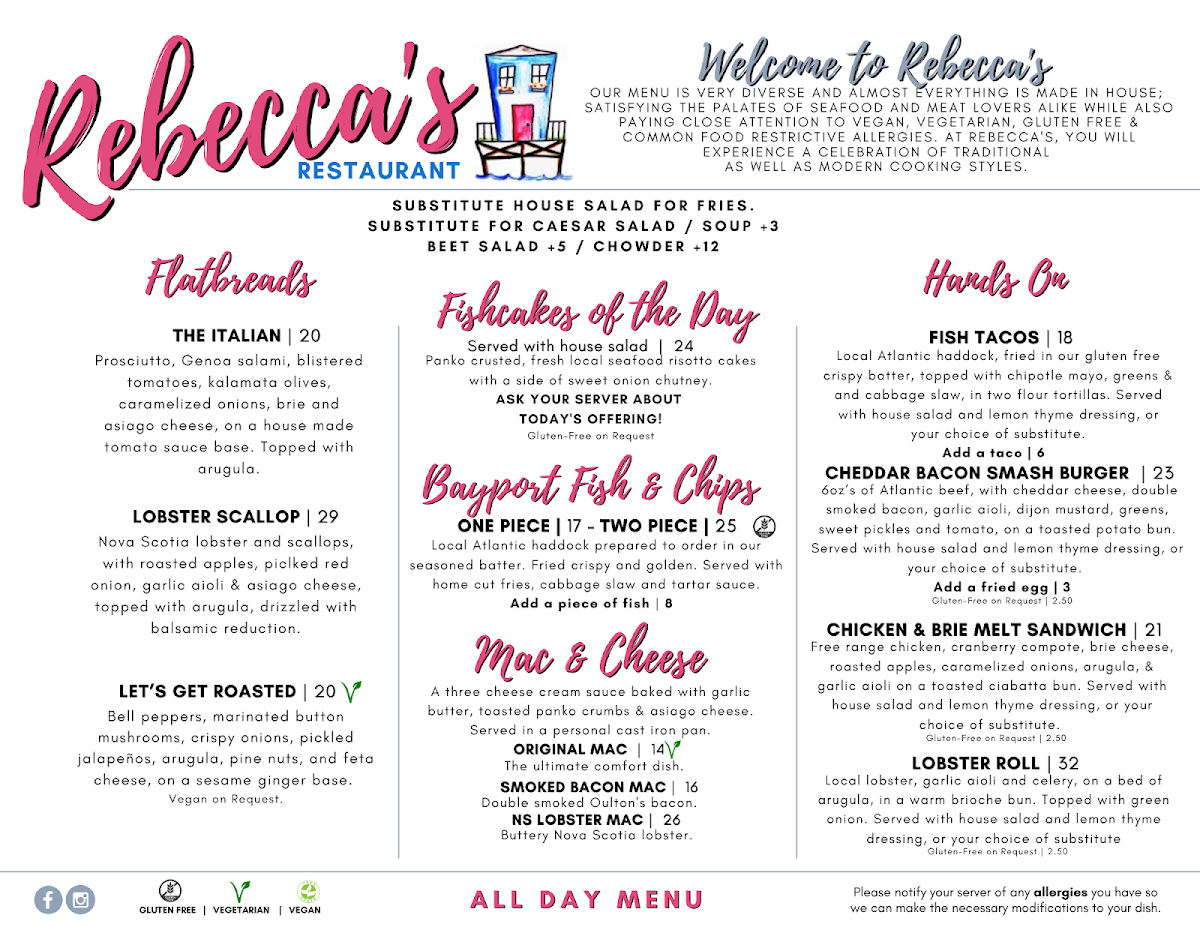 Menu, Rebecca's Restaurant