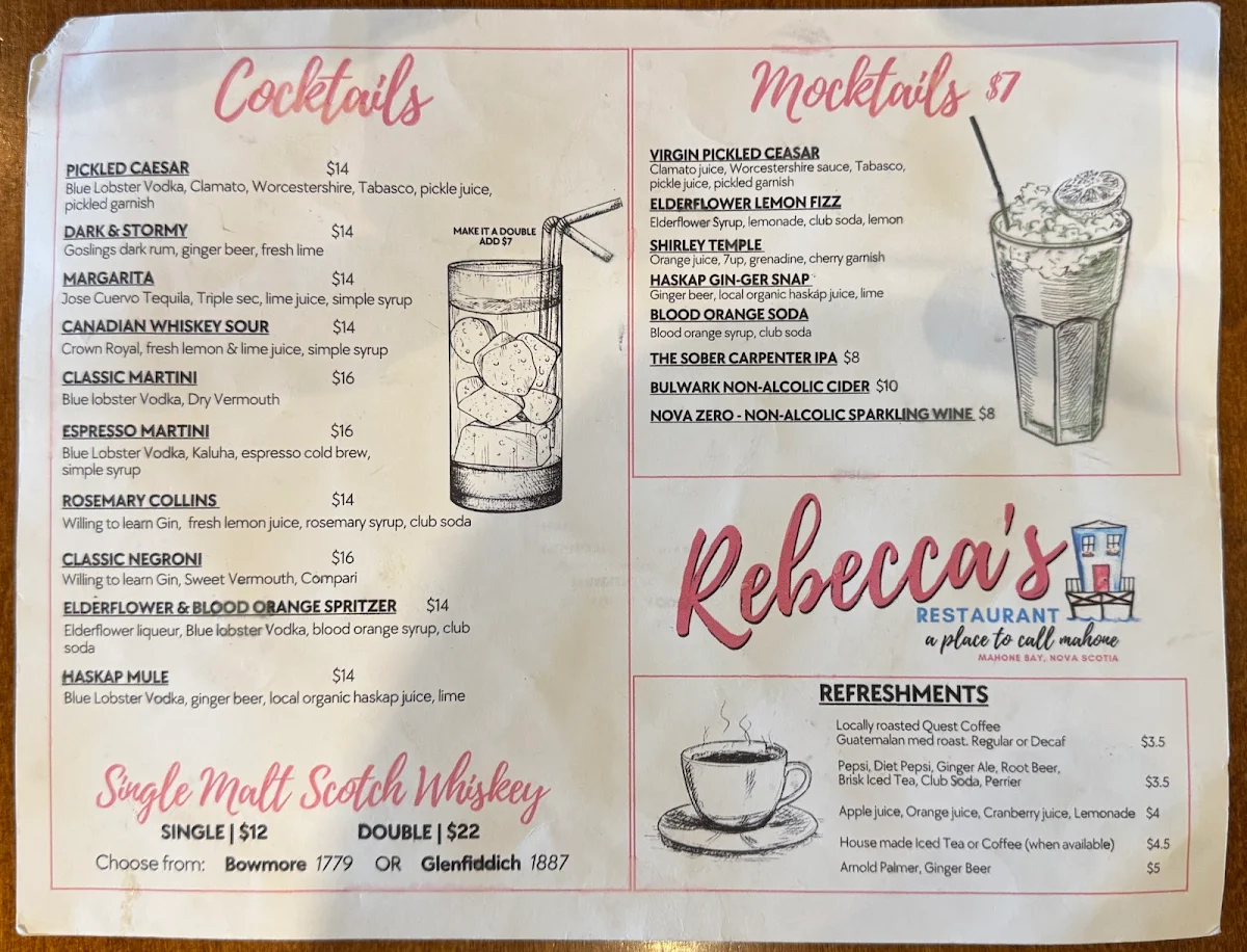 Menu, Rebecca's Restaurant