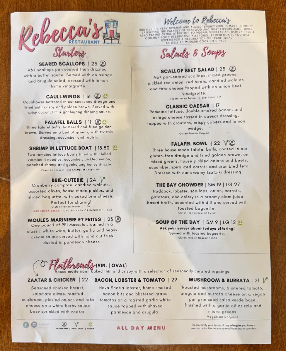 Menu, Rebecca's Restaurant
