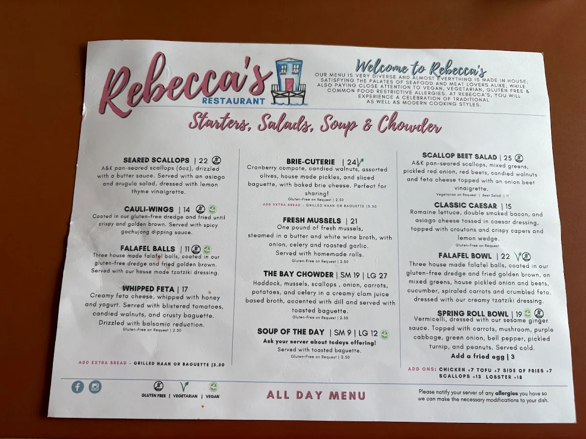 Menu, Rebecca's Restaurant