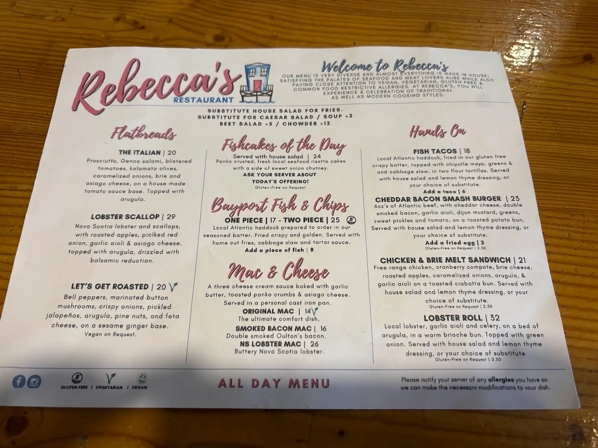 Menu, Rebecca's Restaurant