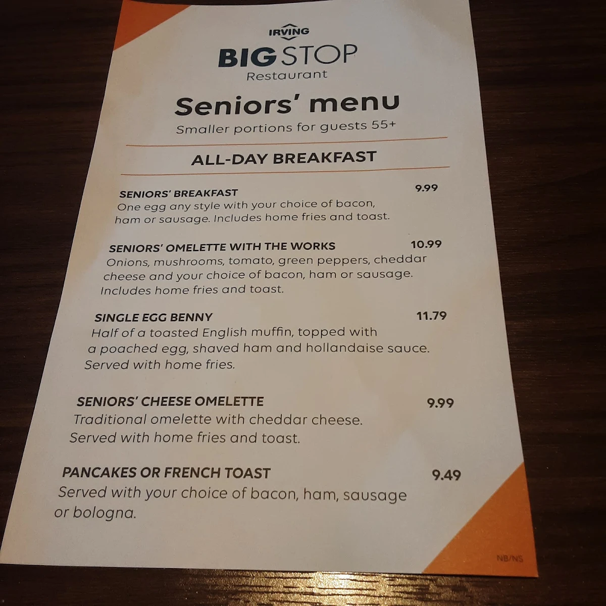 Menu, Aulds Cove Big Stop Restaurant