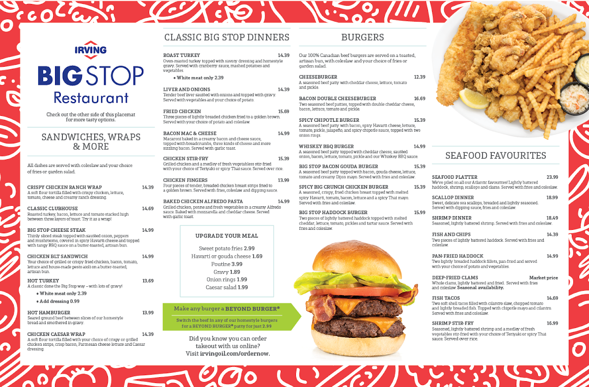 Menu, Aulds Cove Big Stop Restaurant