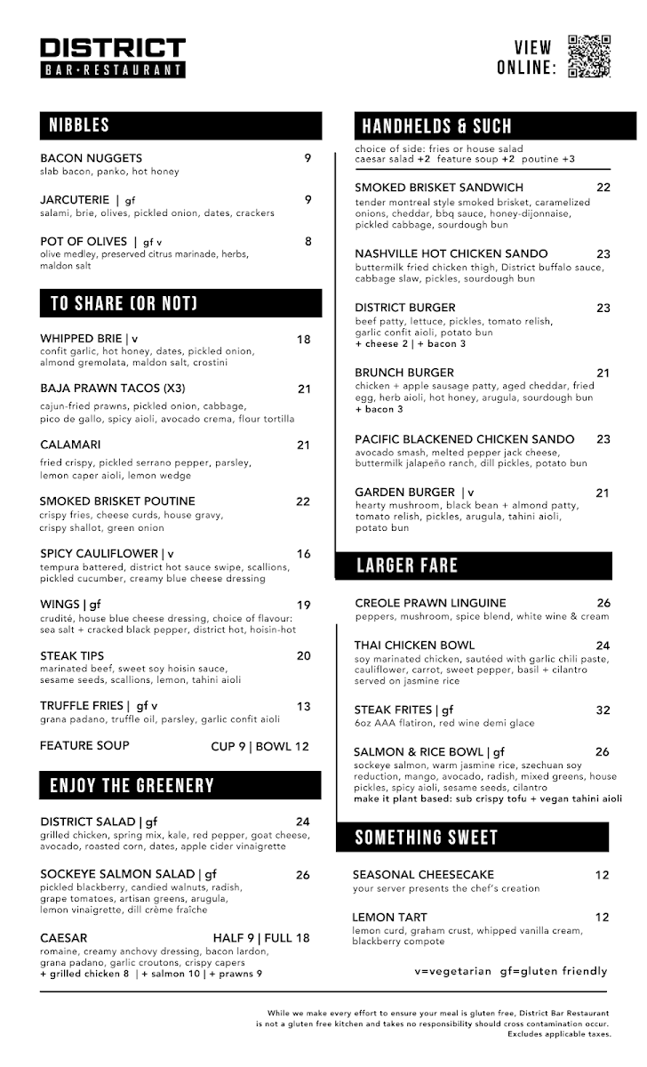 Menu, District Bar Restaurant Garrison