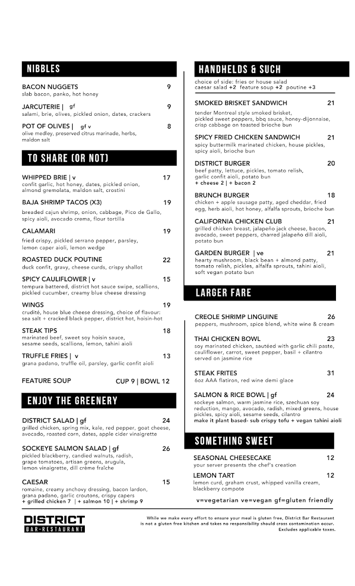 Menu, District Bar Restaurant Garrison