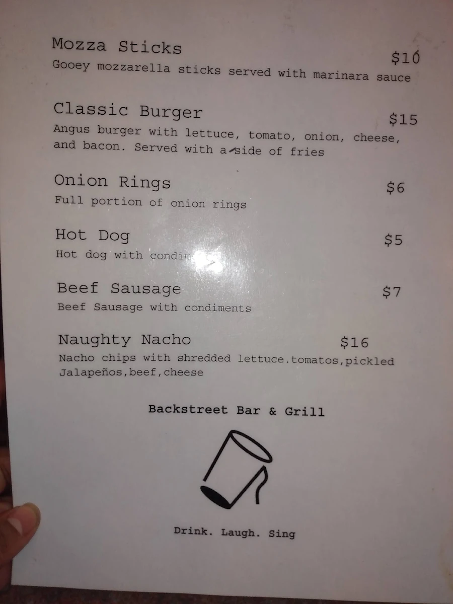 Menu, Backstreet Bar & Grill