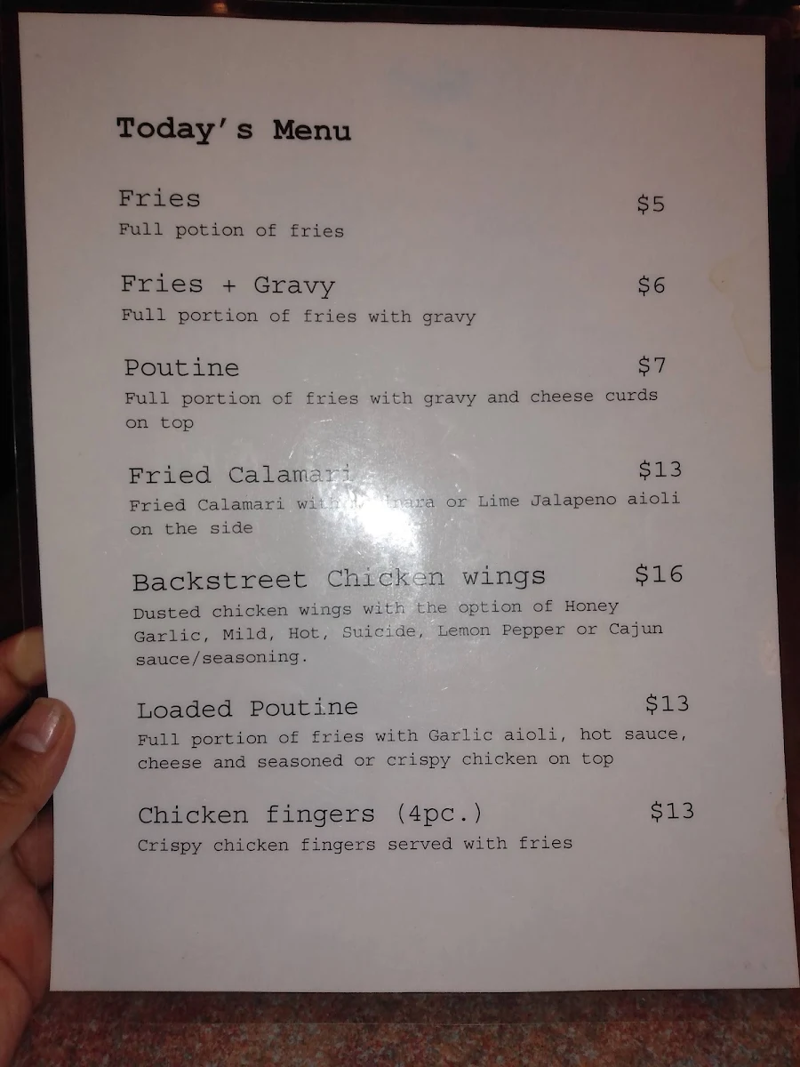 Menu, Backstreet Bar & Grill
