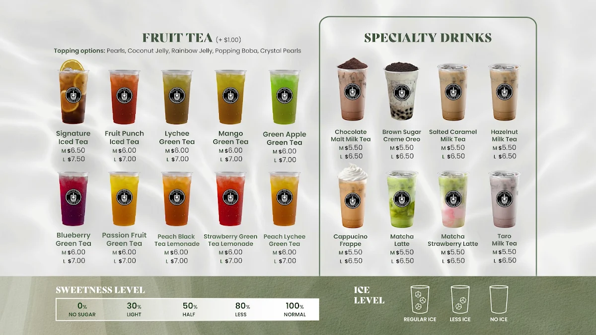 Menu, Miss Tea Time Bubble Tea