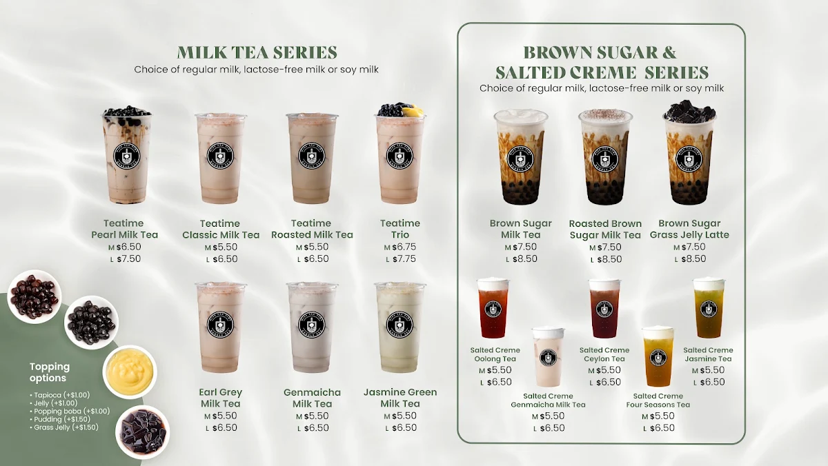 Menu, Miss Tea Time Bubble Tea