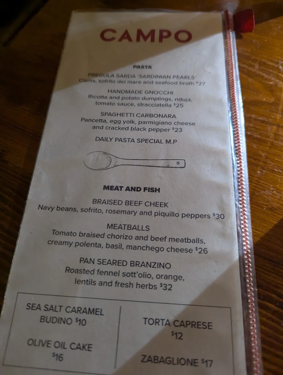 Menu, Campo Restaurant
