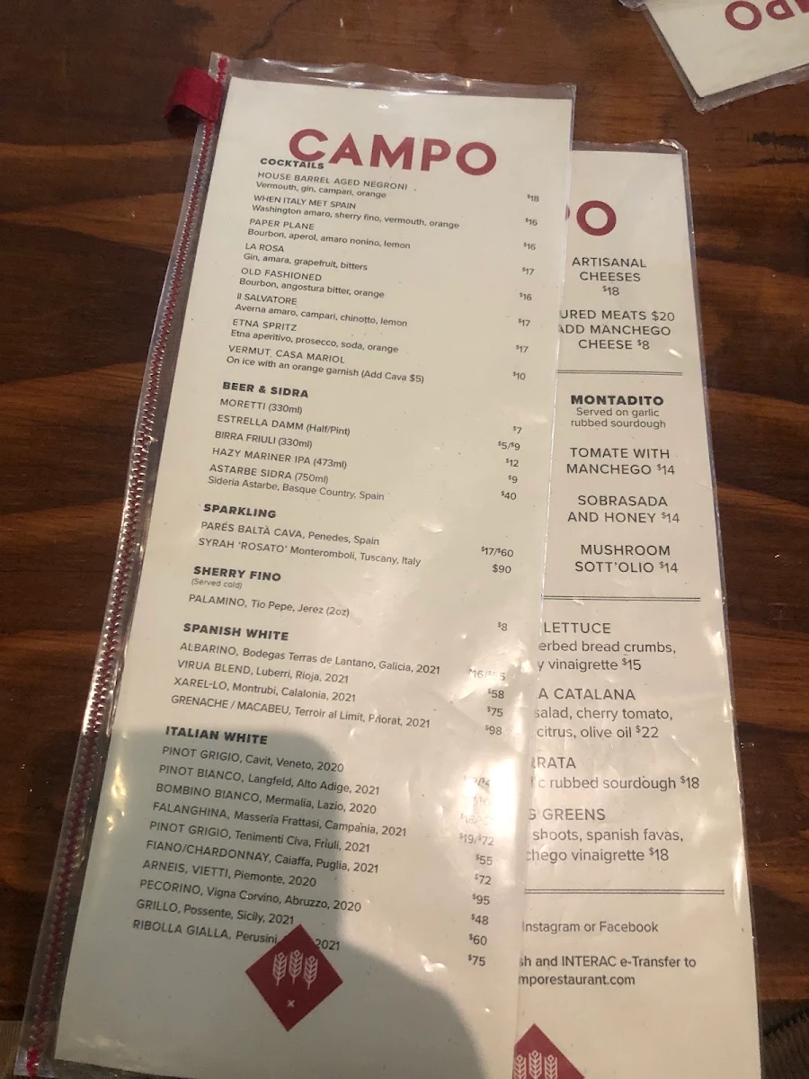Menu, Campo Restaurant