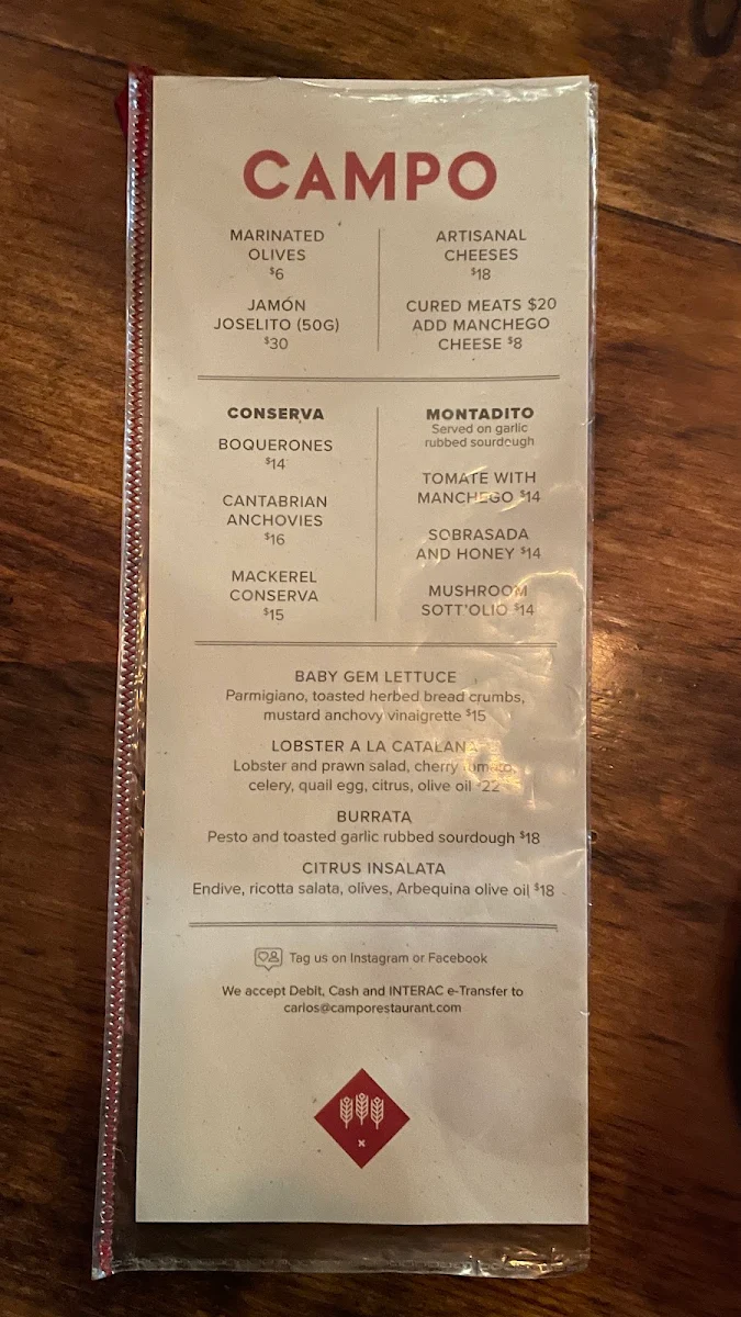 Menu, Campo Restaurant