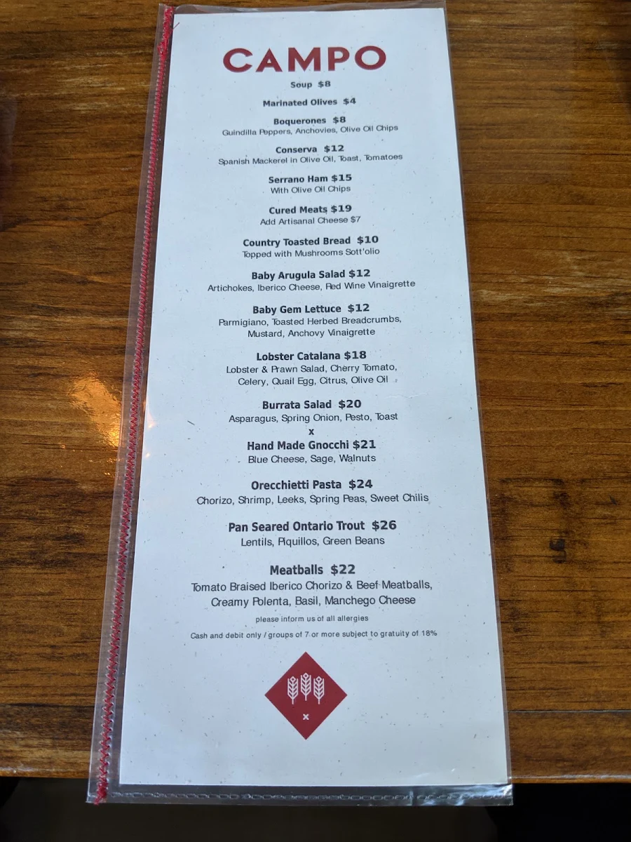 Menu, Campo Restaurant