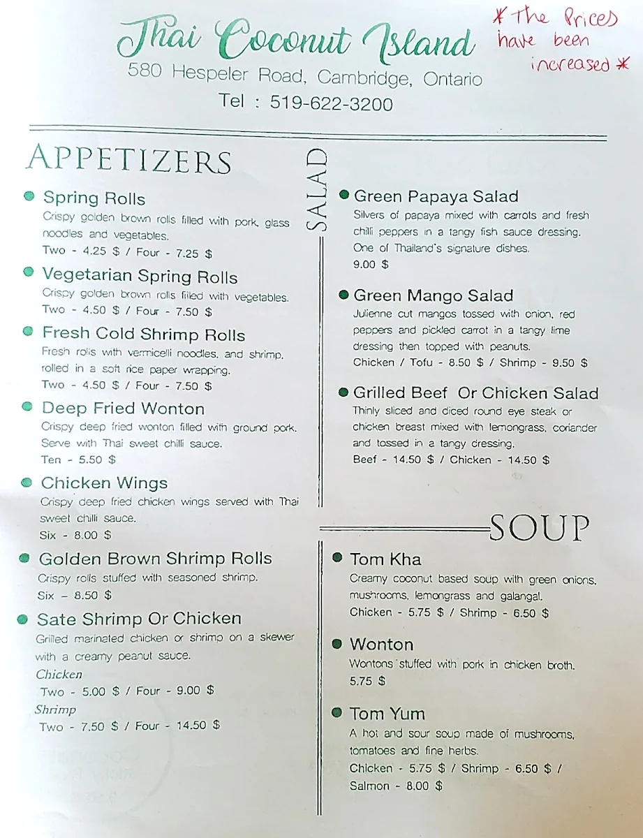 Menu, Thai Coconut Island