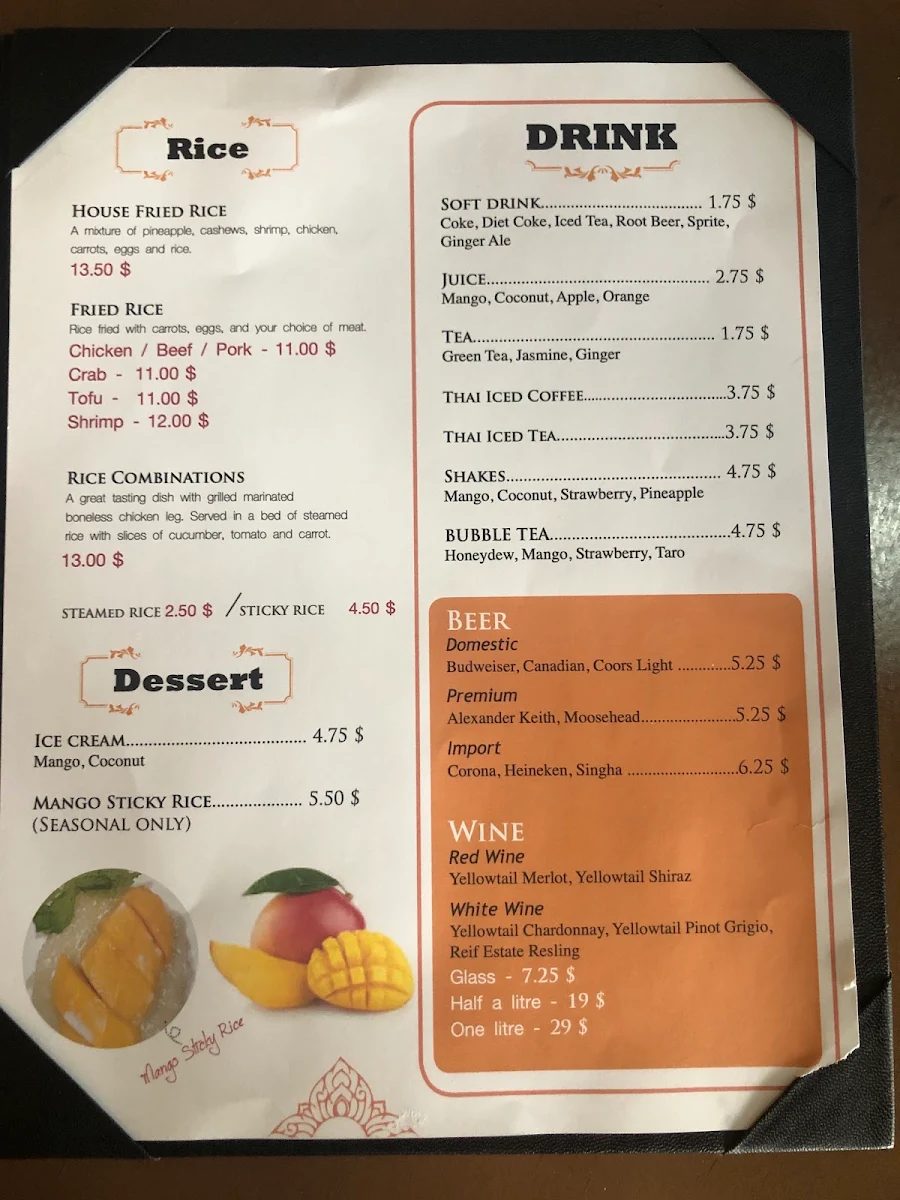 Menu, Thai Coconut Island