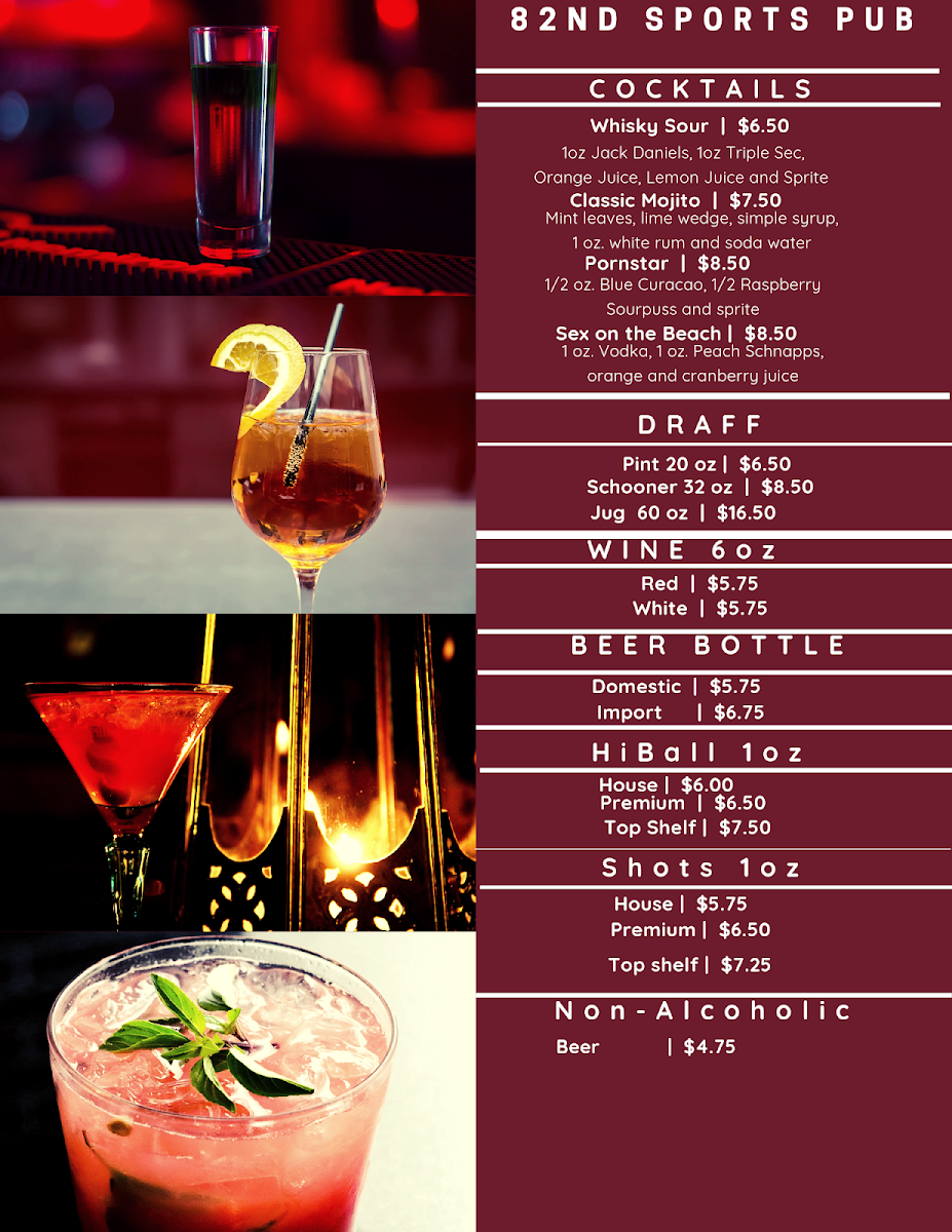 Menu, 82nd Sports Pub