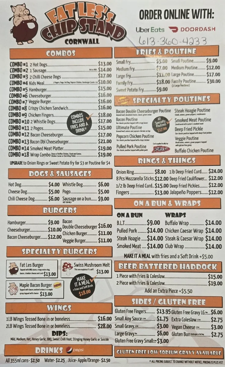 Menu, Fat Les’s Cornwall