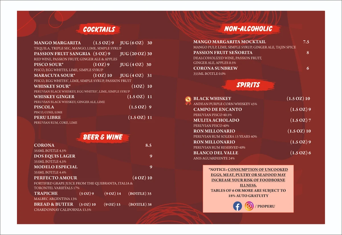 Menu, Pio Peruvian