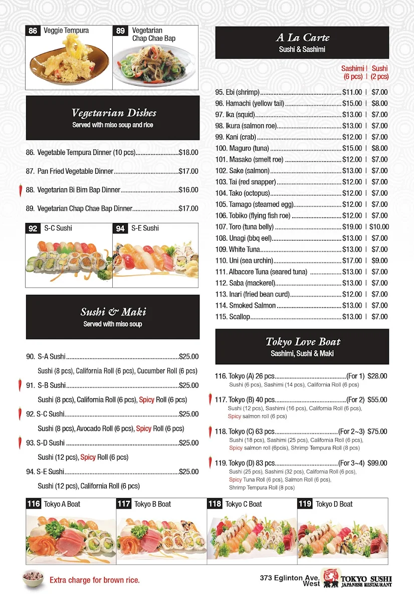 Menu, Tokyo Sushi
