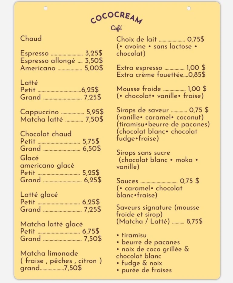 Menu, Cococream café