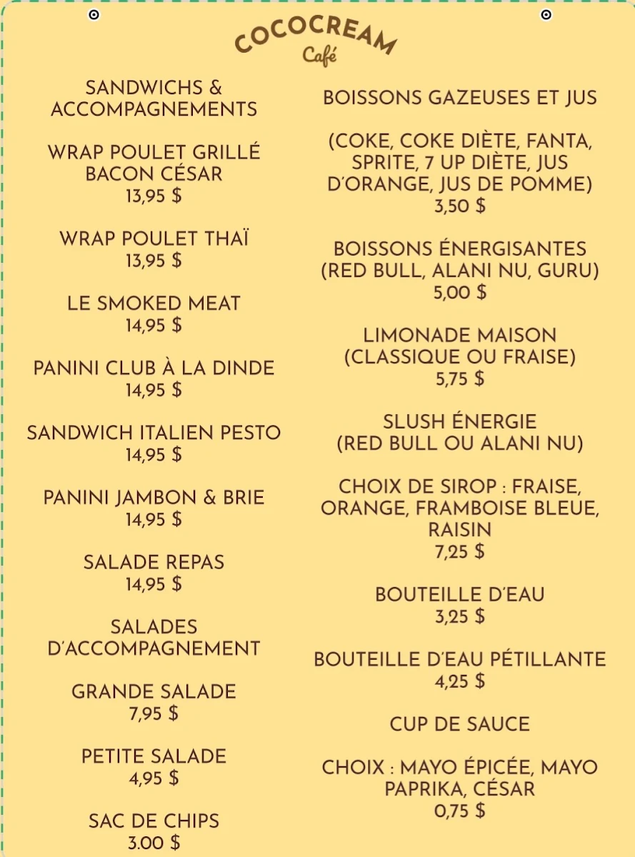 Menu, Cococream café